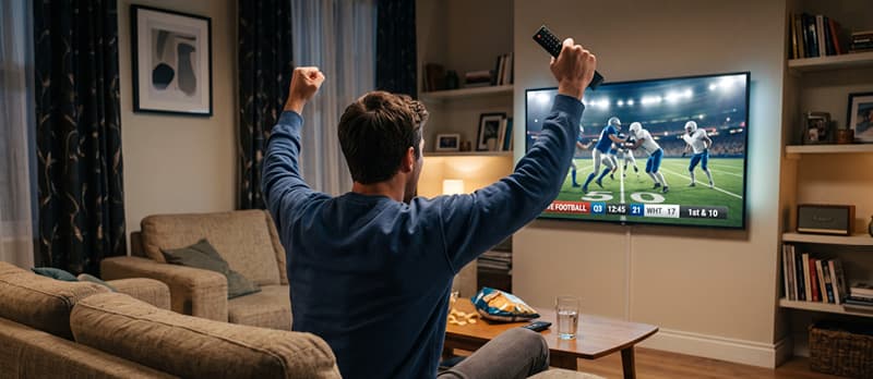 Bărbat în fața televizorului, urmărind un meci de fotbal american.
